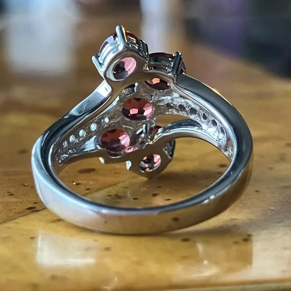Natural Red Garnet Sterling Silver Cluster Ring Size 6